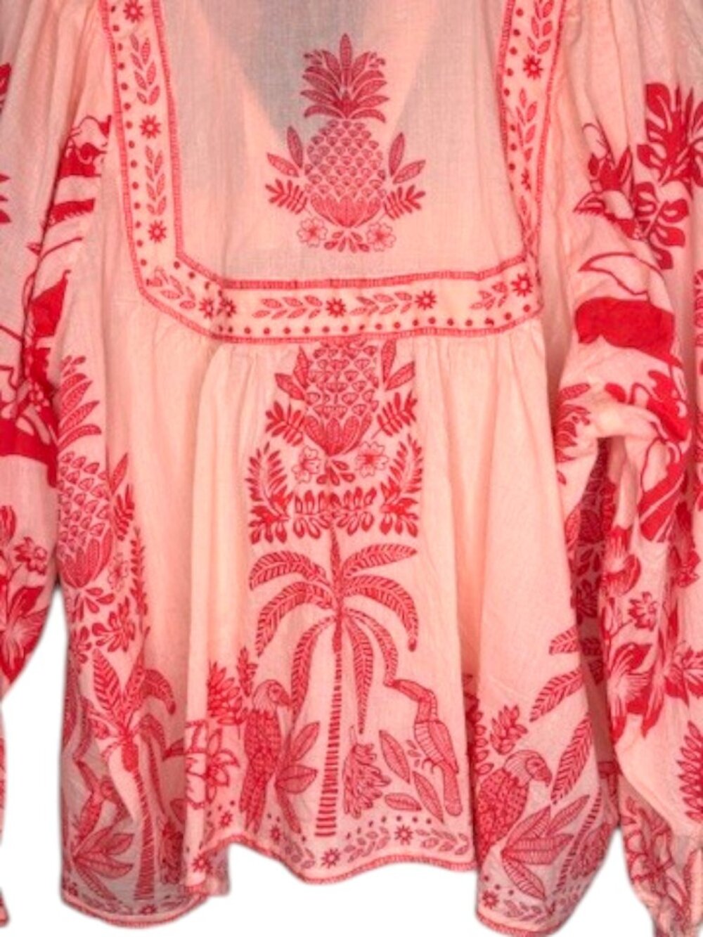 Calypso St. Barth Lightweight Peasant Top Tropical Print - Peachy Pink/Red - L - Picture 7 of 11